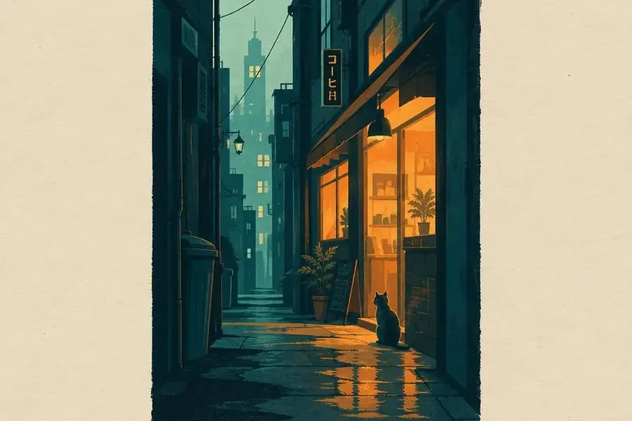 话题封面：窄巷中亮着灯的小店与一只流浪猫