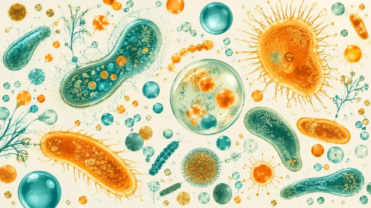 微观世界：三天首屏插画：发光的微生物与气泡
