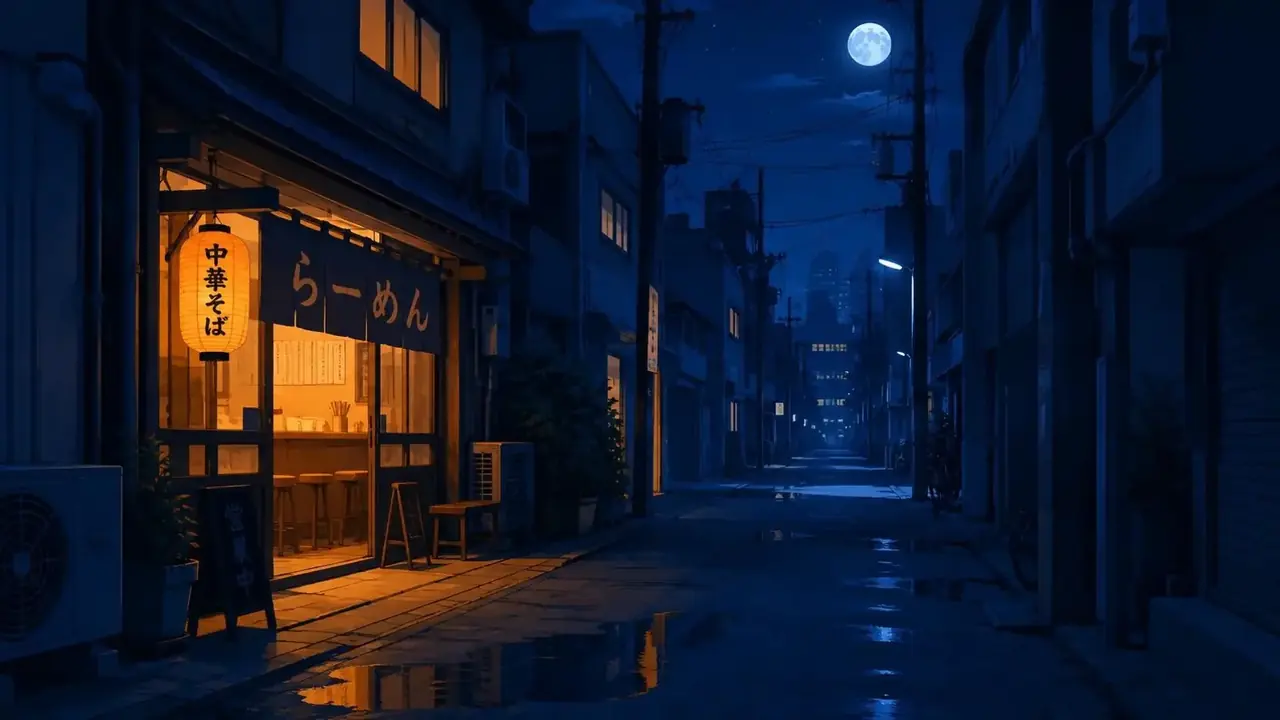 霓虹面馆首屏插画：雨夜巷子里亮着橙灯的小面摊